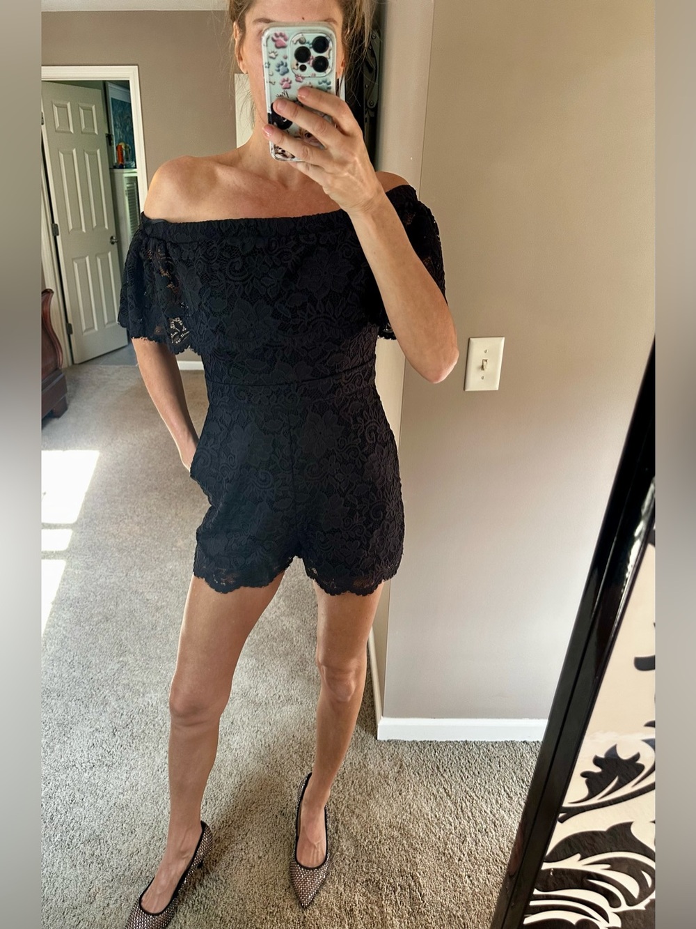 Off-Shoulder Black Lace Romper Bebe